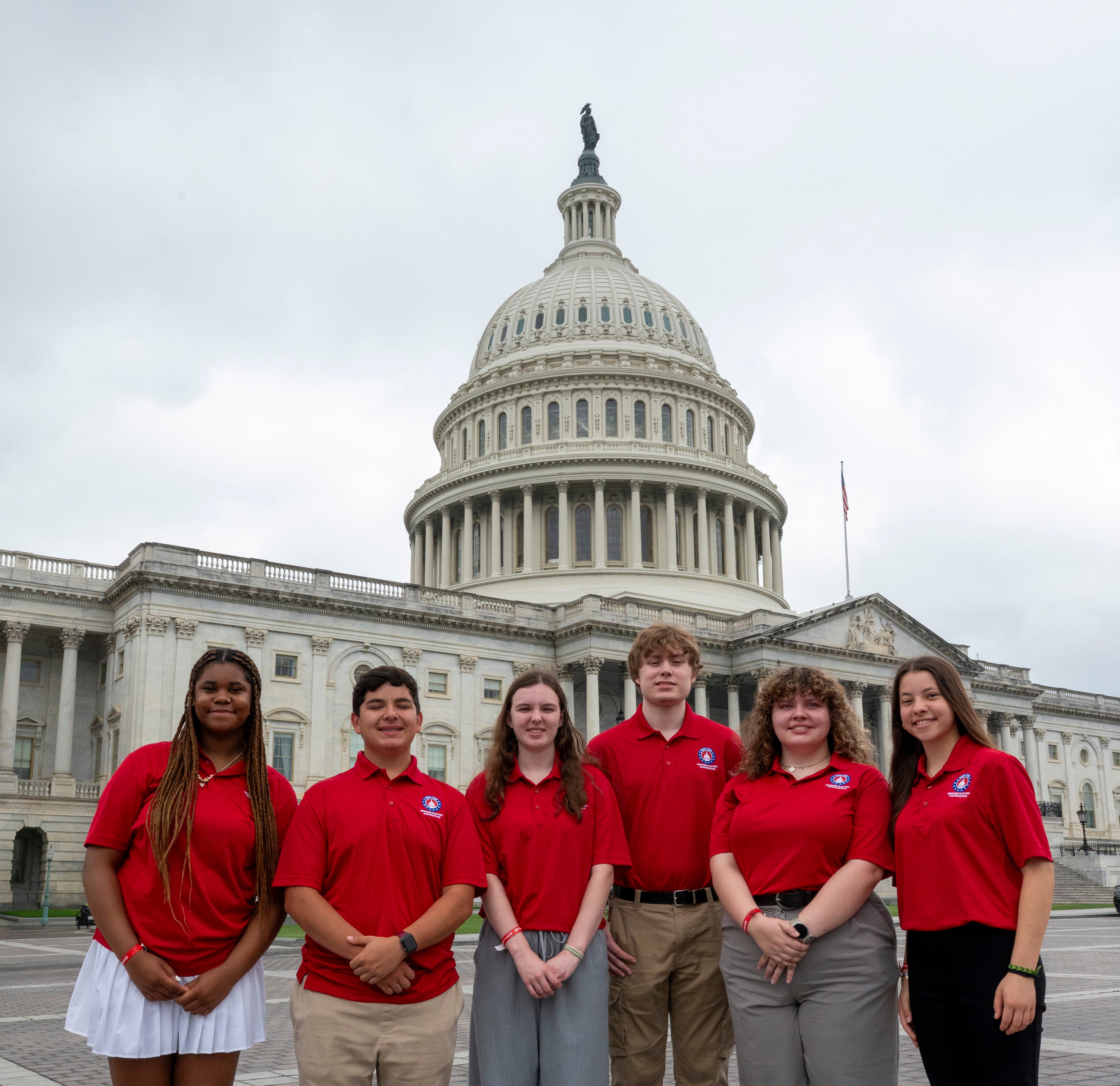 Cuivre River Electric Cooperative sponsored six students to attend the National Youth Tour Conference June 15-21 in Washington, D.C. Pictured, from left, standing in front of the U.S. Capitol Building are Chozen Coleman (Liberty), Aleksander Harman (Elsberry), Isabella Hufty (Liberty), Gavin Sauer (Liberty), Paige Harrell (North Point) and Naomi Van Dyne (Francis Howell North).