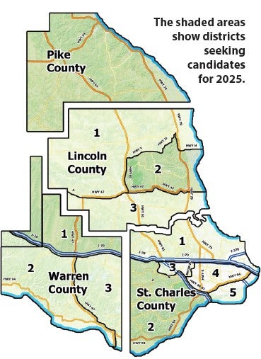 District map. The shaded areas show districts seeking candidates for 2025