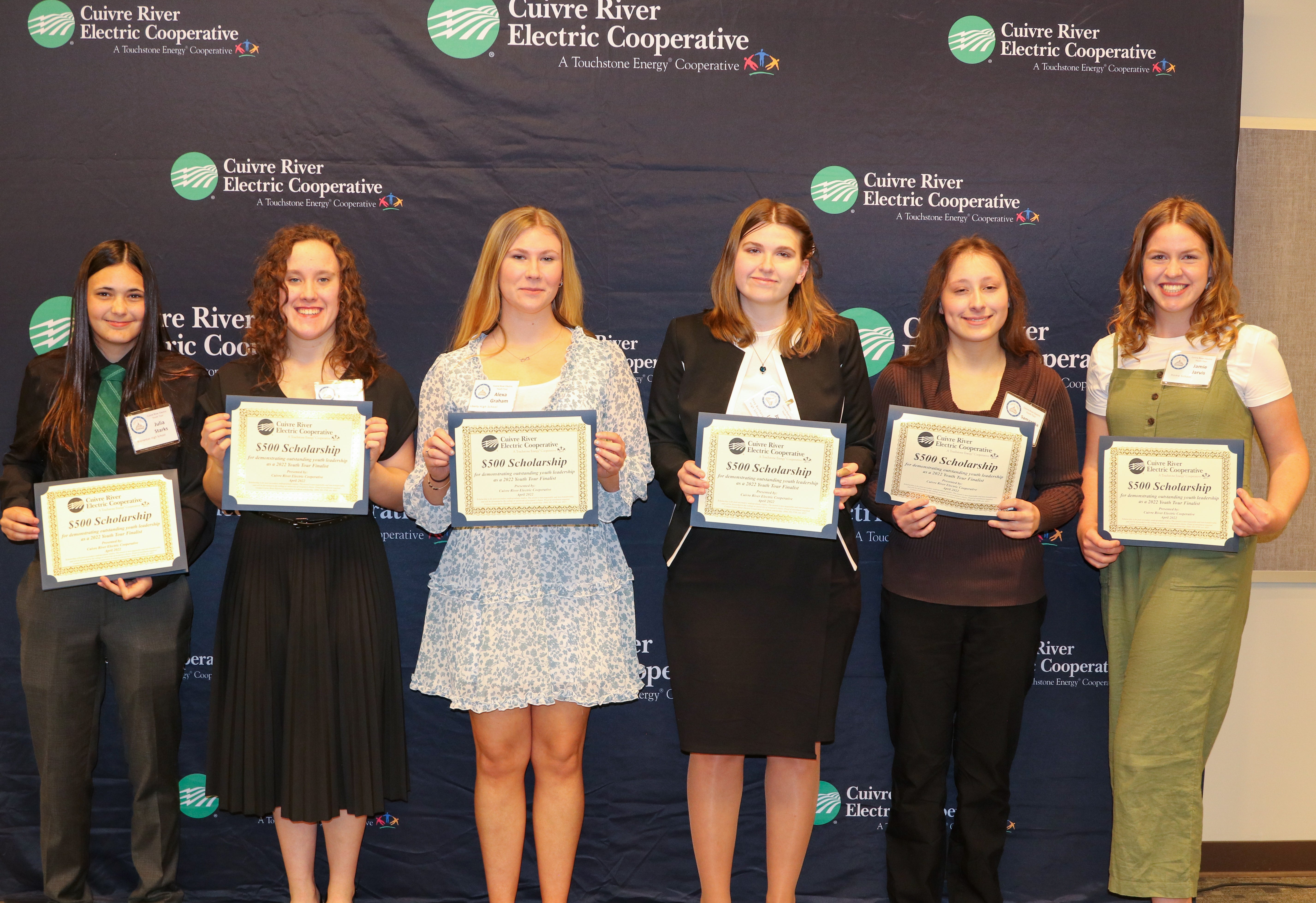Scholarship recipients — From left, Julia Starks (Warrenton), Madisen Nash (Warrenton), Alexa Graham (Liberty), Josie Hoskins (Troy Buchanan), Samantha Flynn (Liberty) and Jamie Jarvis (Jarvis Homeschool). Hoskins and Jarvis were selected as alternates and will go on the Youth Tour trip since two other delegates are unable to attend.