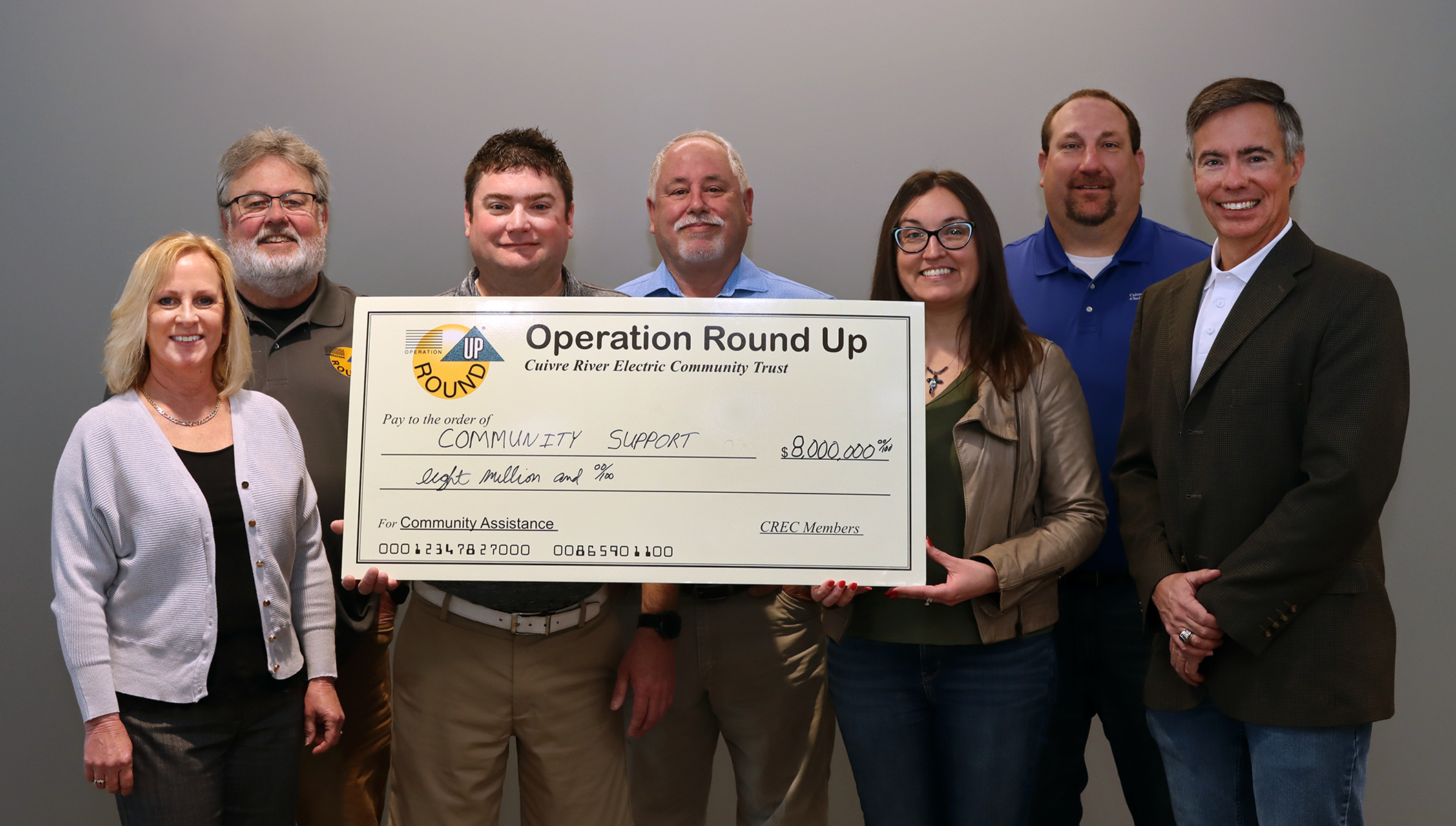Operation Round Up topped the $8 million mark at its March meeting since being founded in 1997. Pictured, from left, are Cuivre River Electric Community Trust Board members Tammy Miller, Rich Barton, Kyle Shell, Mike Dicken, Tammi Kneib, Operation Round Up Coordinator Tim Schmidt and President/CEO Doug Tracy. Not pictured are Trust Board members Blanche Kelly and Tamika Cole.